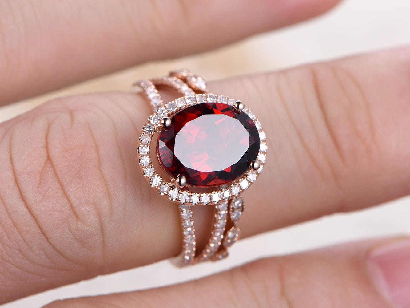 8x10mm Oval Cut Red Garnet Engagement Ring Set 2pcs 14K Rose Gold Diamond Halo Split Shank and Art Deco Band