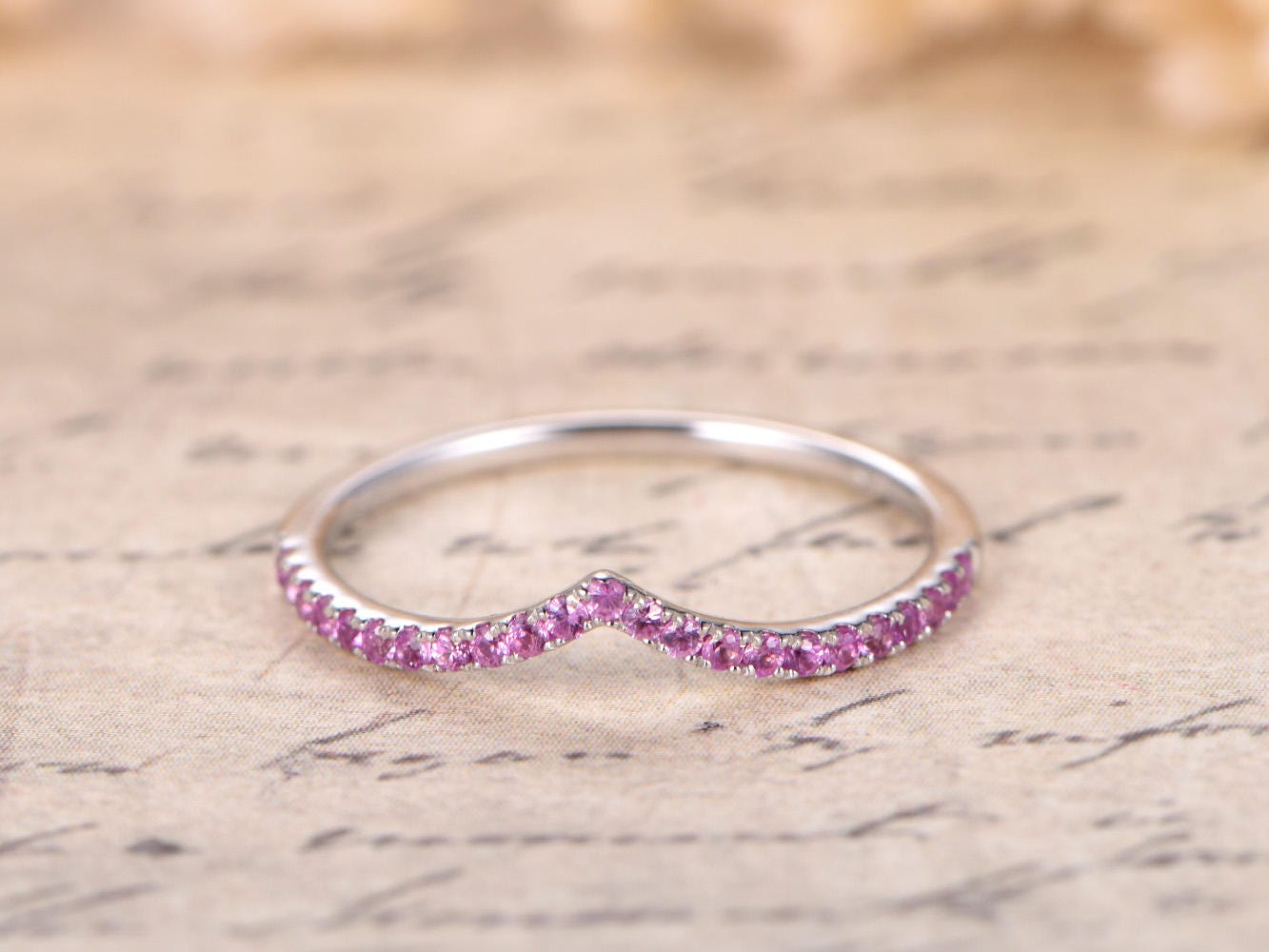 Pink Sapphire Wedding Band Chevron Curved V Wedding Ring 14K White Gold