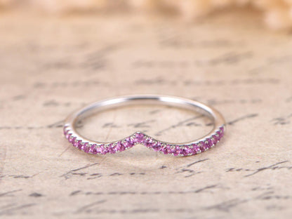 Pink Sapphire Wedding Band Chevron Curved V Wedding Ring 14K White Gold