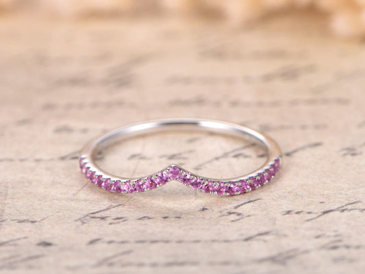 Pink Sapphire Wedding Band Chevron Curved V Wedding Ring 14K White Gold
