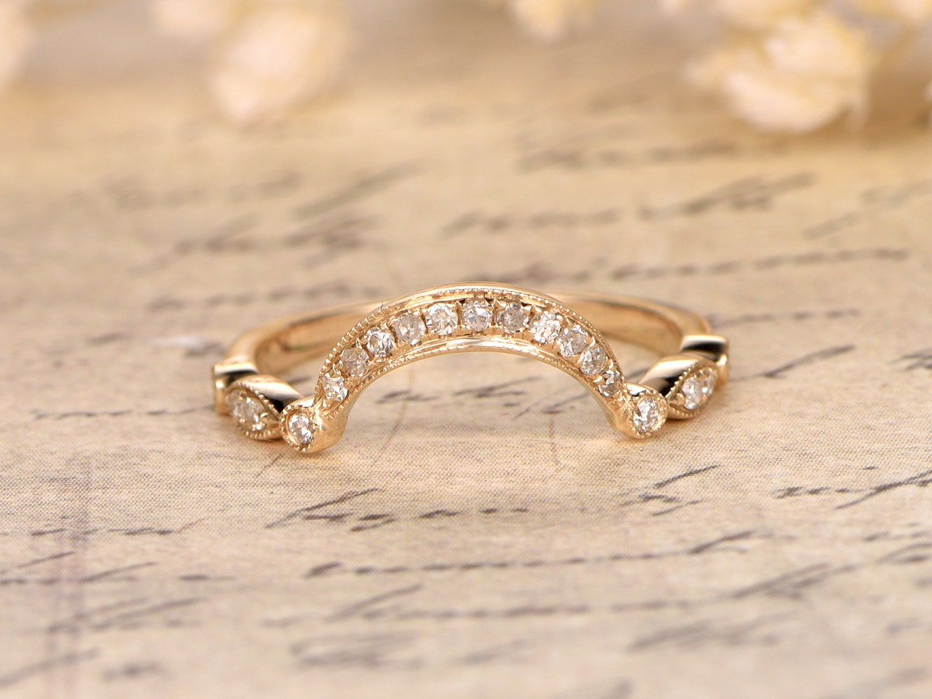 Alliance incurvée en diamant, demi-alliance, bague d'anniversaire, bague en forme de marquise et de cercle, style Art déco, or jaune 14 carats, alliance assortie, bague sur mesure