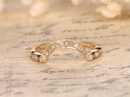 Alliance incurvée en diamant, demi-alliance, bague d'anniversaire, bague en forme de marquise et de cercle, style Art déco, or jaune 14 carats, alliance assortie, bague sur mesure