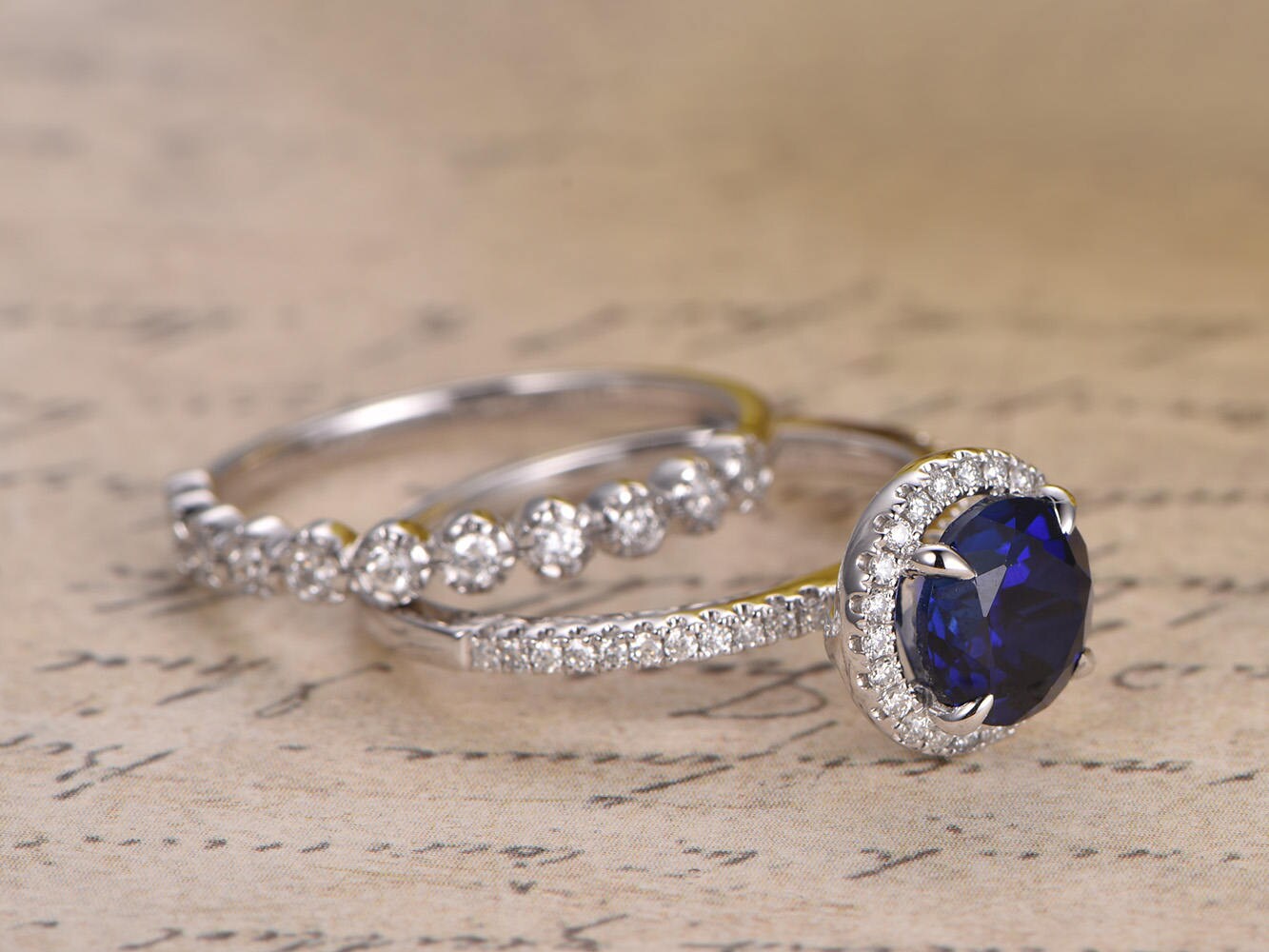 7mm Round Cut Blue Sapphire Engagement Ring Set 2pcs 14K White Gold Diamond Halo | Art Deco Matching Band