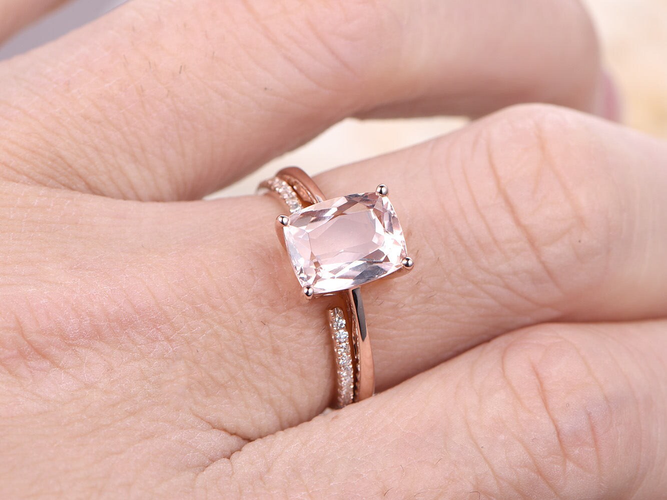 7x9mm Cushion Cut Morganite Engagement Ring Set 2pcs 14K Rose Gold Solitaire | Opening Thin Matching Band