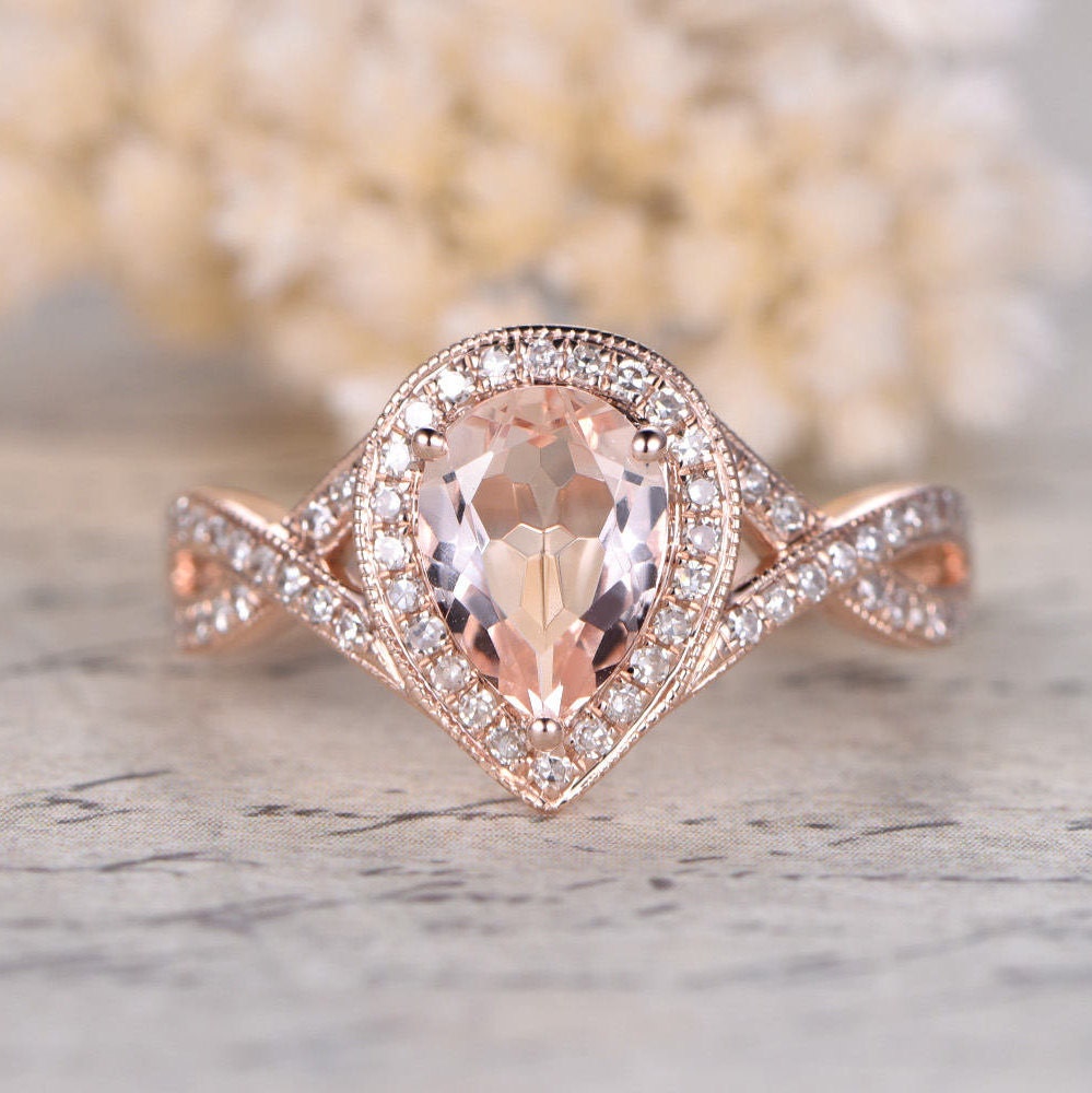 Bague en or rose 14 carats avec morganite rose, bague de fiançailles et alliance sertie de diamants, anneau fendu, diamants taille poire 6x8 mm.