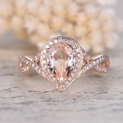 Bague en or rose 14 carats avec morganite rose, bague de fiançailles et alliance sertie de diamants, anneau fendu, diamants taille poire 6x8 mm.
