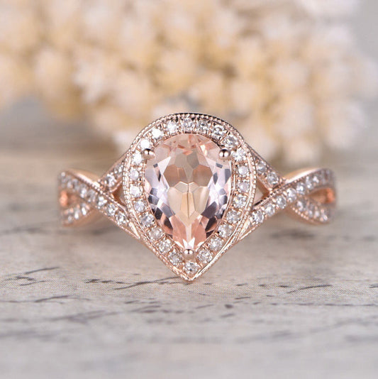 Bague en or rose 14 carats avec morganite rose, bague de fiançailles et alliance sertie de diamants, anneau fendu, diamants taille poire 6x8 mm.