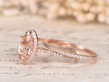 5x10mm Marquise Cut Morganite Engagement Ring Set 2pcs Diamond Halo | Thin Matching Band