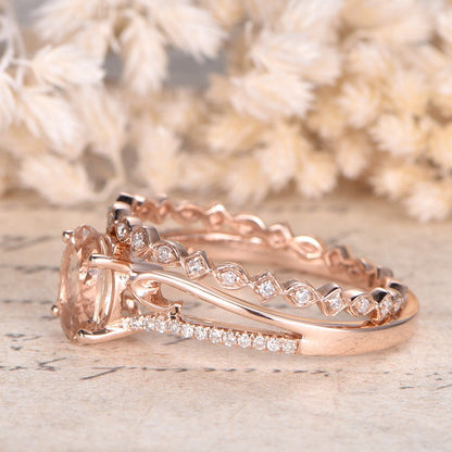 Bague de fiançailles en morganite, alliance en or rose 14 carats et diamants (ensemble de 2 bagues de promesse), bague en morganite 6x8 mm sertie de diamants sur toute l'éternité