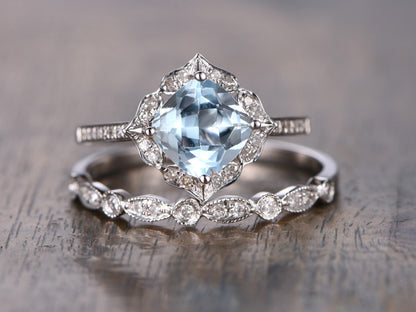 7mm-cushion-cut-aquamarine-engagement-ring-set-2pcs-vintage-floral-14k-white-gold-diamond-halo-art-deco-matching-band