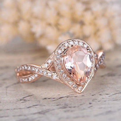 Bague en or rose 14 carats avec morganite rose, bague de fiançailles et alliance sertie de diamants, anneau fendu, diamants taille poire 6x8 mm.