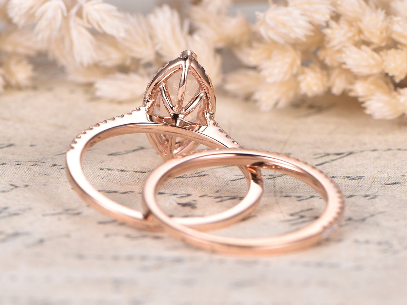 5x10mm Marquise Cut Morganite Engagement Ring Set 2pcs Diamond Halo | Thin Matching Band