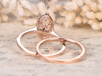 5x10mm Marquise Cut Morganite Engagement Ring Set 2pcs Diamond Halo | Thin Matching Band