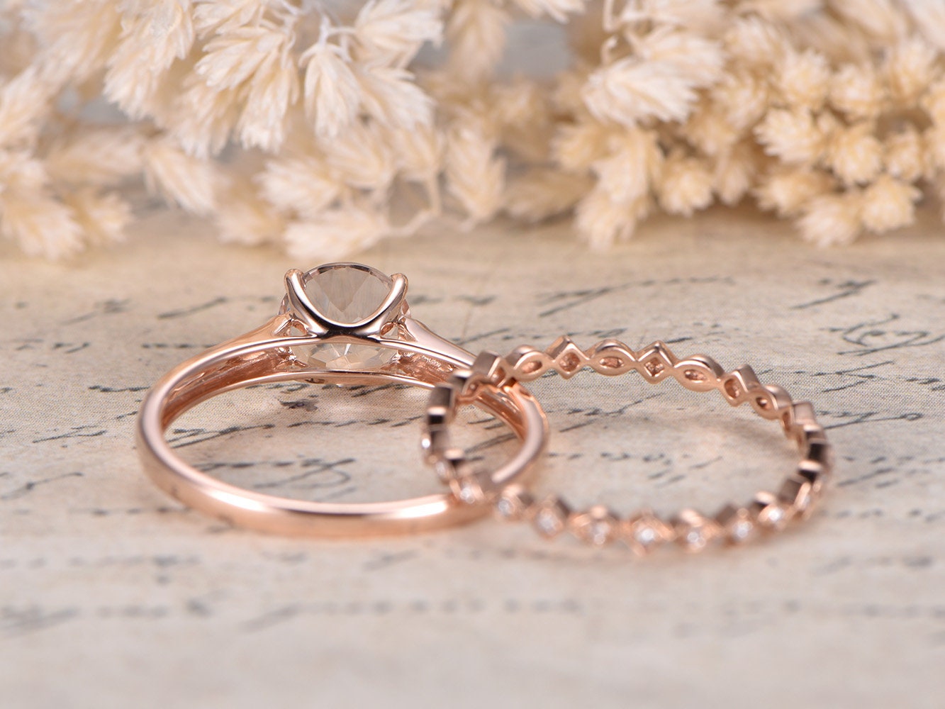 7mm-round-cut-morganite-engagement-ring-set-2pcs-14k-rose-gold-solitaire-design-diamond-art-deco-full-eternity-matching-band
