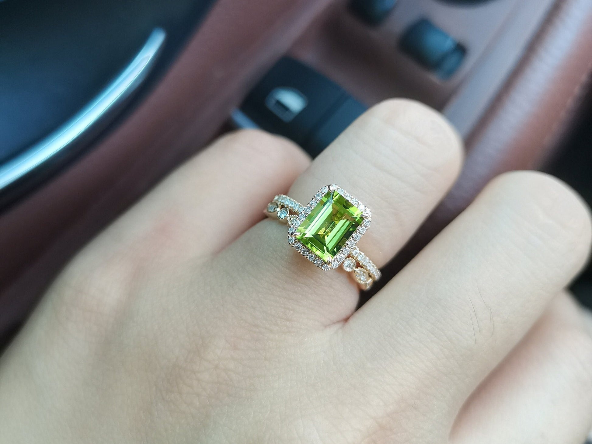 6x8mm-emerald-cut-peridot-engagement-ring-set-14k-rose-gold-art-deco-diamond-ring-august-birthstone