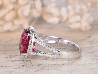 9x11mm Oval Cut Ruby Engagement Ring 14K White Gold Diamond Halo Split Shank Design