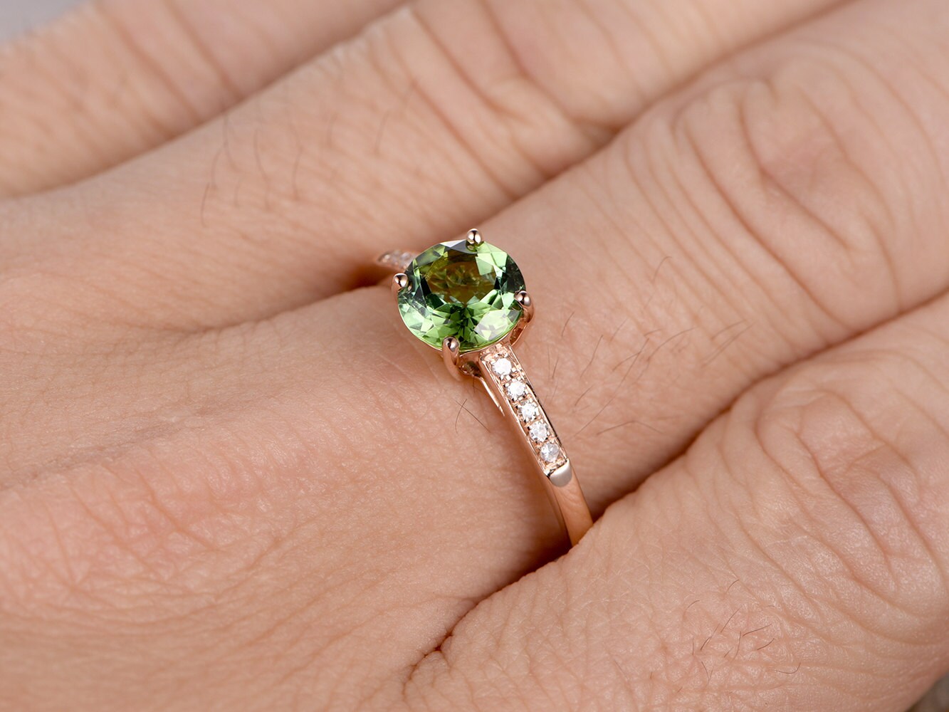 6.5mm Round Cut Tourmaline Engagement Ring 14K Rose Gold Diamond Half Eternity Solitaire