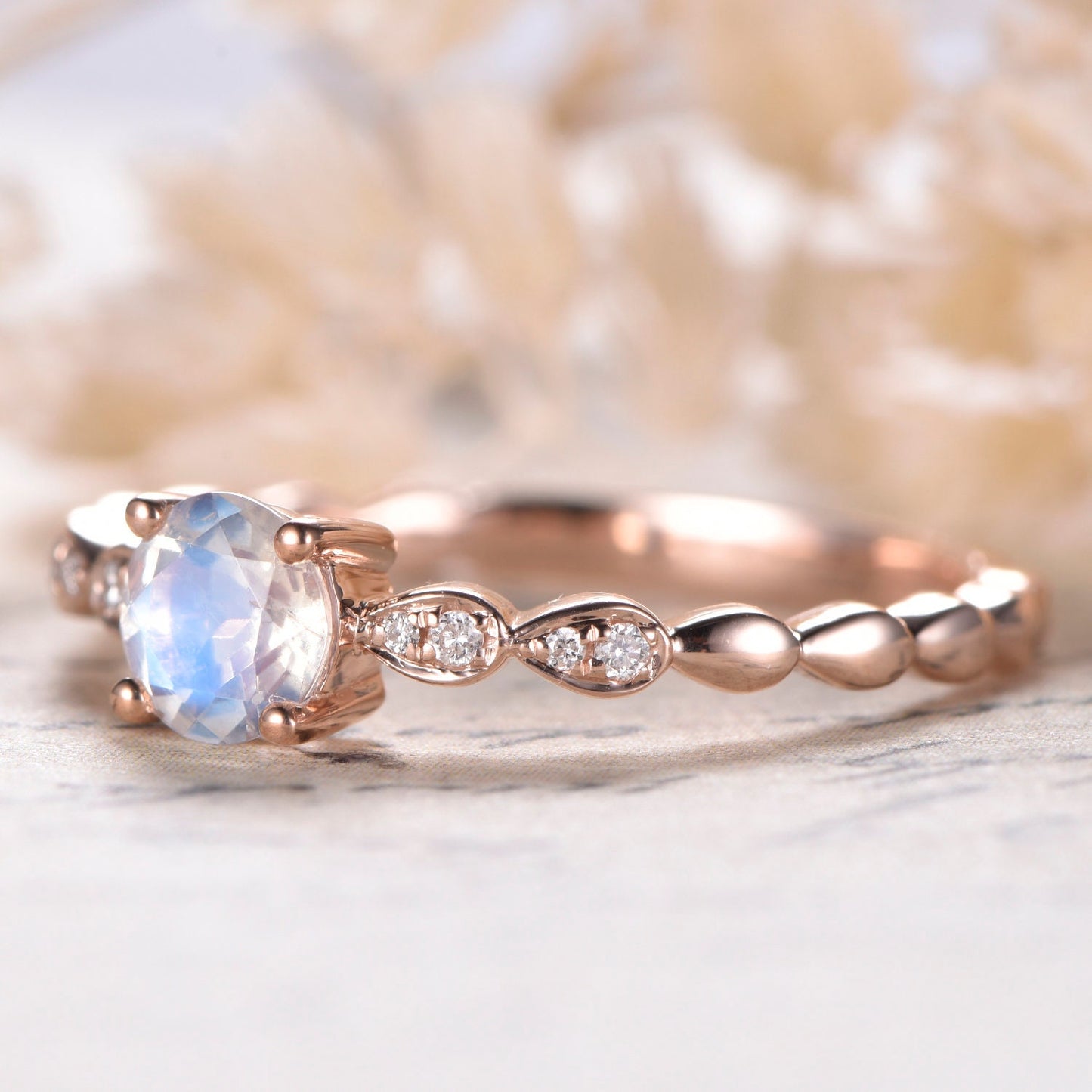 5mm Round Cut Rainbow Moonstone Engagement Ring 14K Rose Gold Diamond Art Deco Solitaire