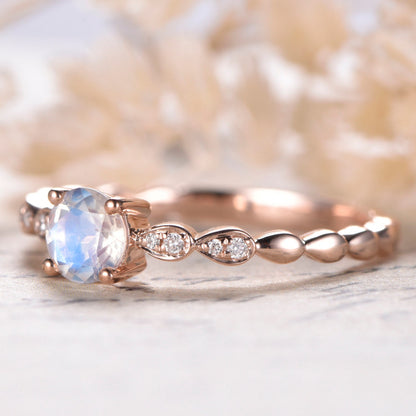 5mm Round Cut Rainbow Moonstone Engagement Ring 14K Rose Gold Diamond Art Deco Solitaire