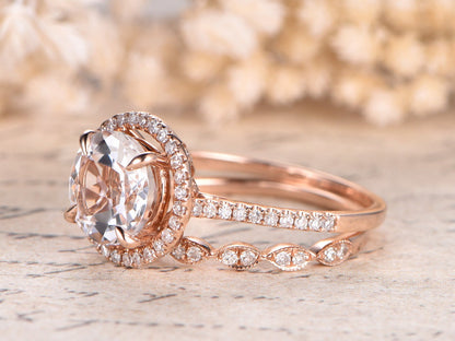8mm Round Cut White Topaz Engagement Ring Set 2pcs 14K Rose Gold Diamond Halo | Curved Art Deco Matching Band