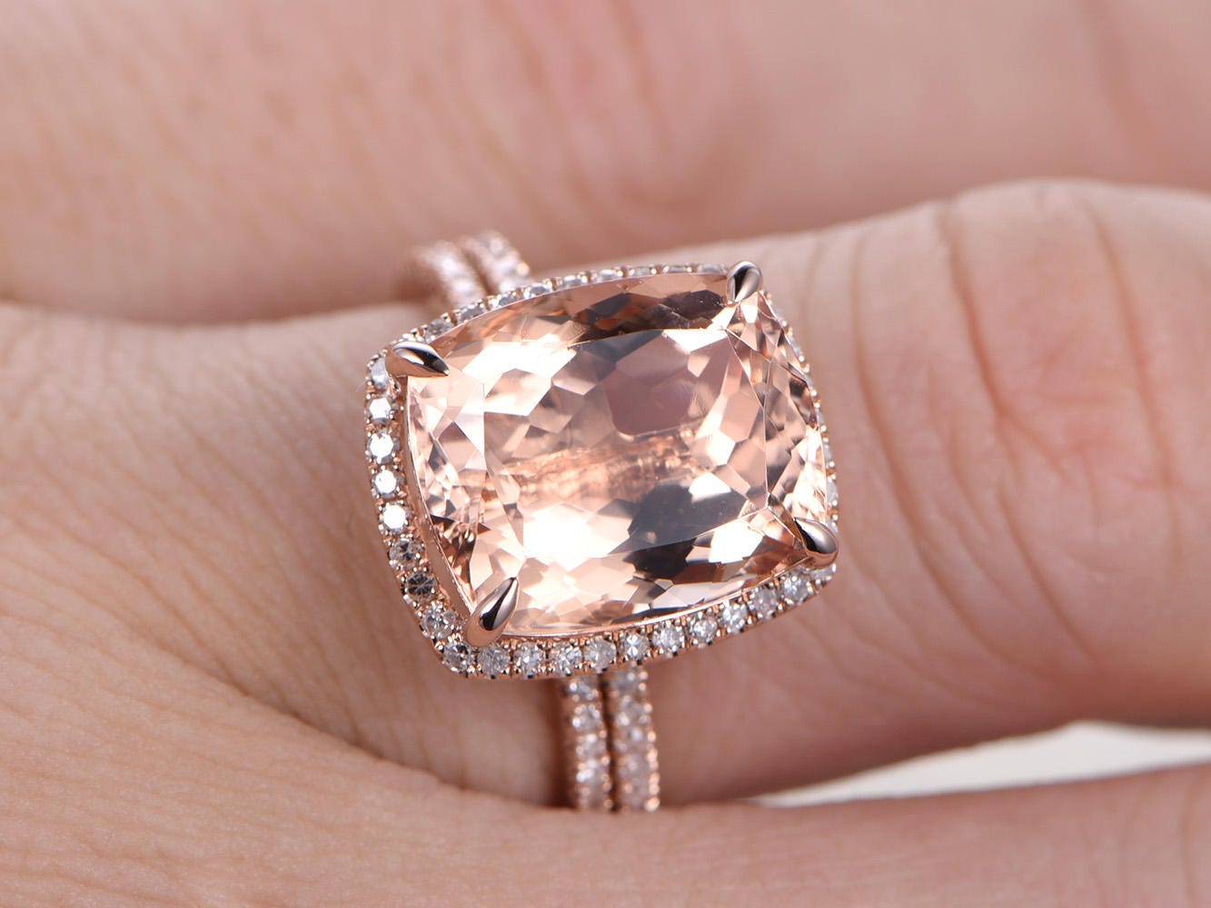 10x12mm-Cushion-Cut-Morganite-Engagement-Ring-Set-2pcs-14K-Rose-Gold-Half-Eternity-Diamond
