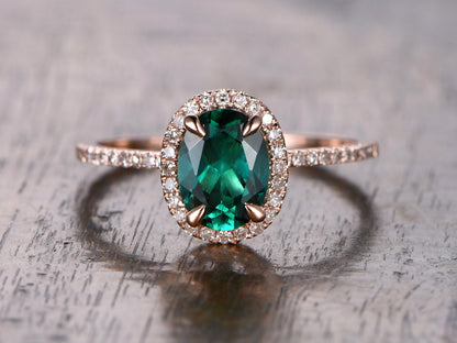Bague de fiançailles en or rose 14 carats, émeraude ovale 6x8 mm, pierre de naissance de mai, alliance sertie de griffes.