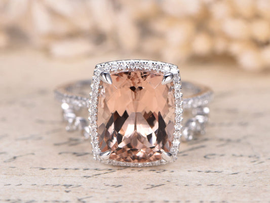 Комплект колец с морганитом, обручальное кольцо из розового золота 14K с бриллиантами, кольцо с бриллиантовым ореолом, кольцо с морганитом огранки «подушка» 10x12 мм, кольцо «вечность» из 2 колец.