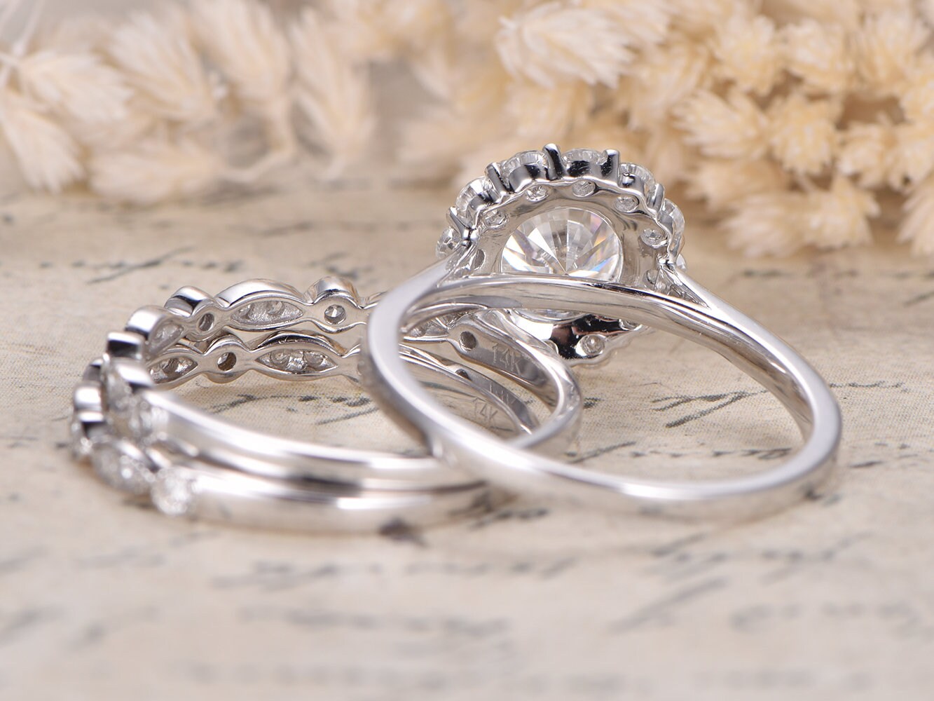 7mm-round-cut-moissanite-engagement-ring-set-3pcs-14k-white-gold-floral-halo-two-art-deco-band