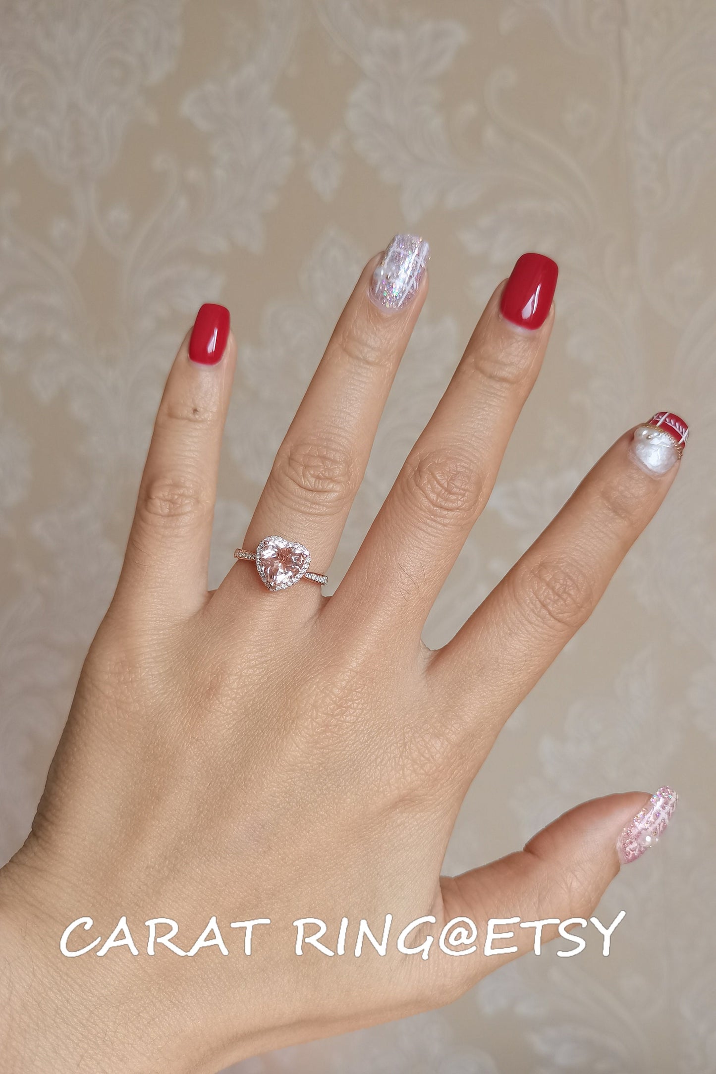 8mm Heart Cut Morganite Engagement Ring 14K Rose Gold Diamond Halo Half Eternity