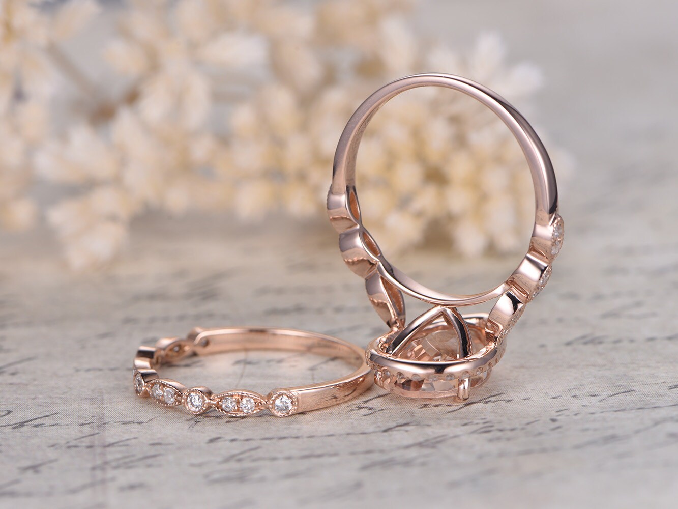 8x12mm Pear Cut Morganite Engagement Ring Set 2pcs 14K Rose Gold Diamond Halo | Art Deco Matching Band