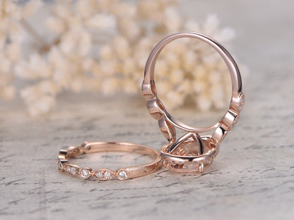 8x12mm Pear Cut Morganite Engagement Ring Set 2pcs 14K Rose Gold Diamond Halo | Art Deco Matching Band