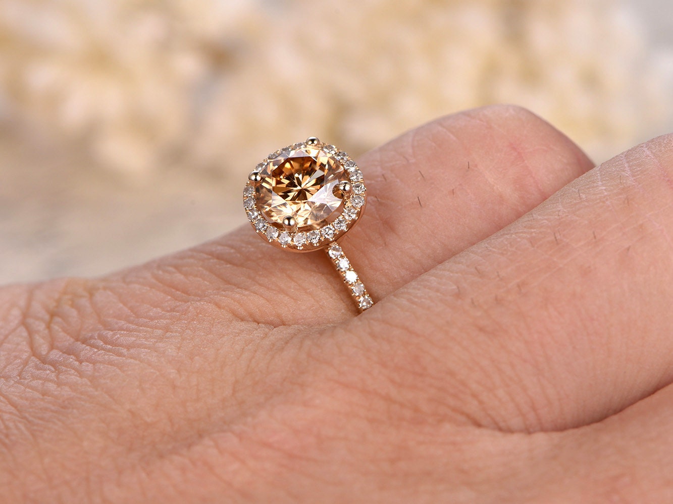 Bague de fiançailles en moissanite champagne, halo de diamants de 6,5 mm, or jaune 14 carats, bague de fiançailles et alliance assorties, style vintage