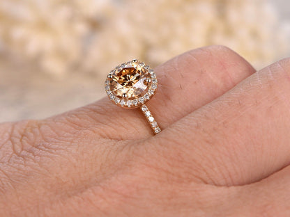 Bague de fiançailles en moissanite champagne, halo de diamants de 6,5 mm, or jaune 14 carats, bague de fiançailles et alliance assorties, style vintage