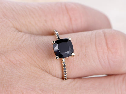7mm-cushion-cut-black-spinel-engagement-ring-14k-yellow-gold-black-diamond-band