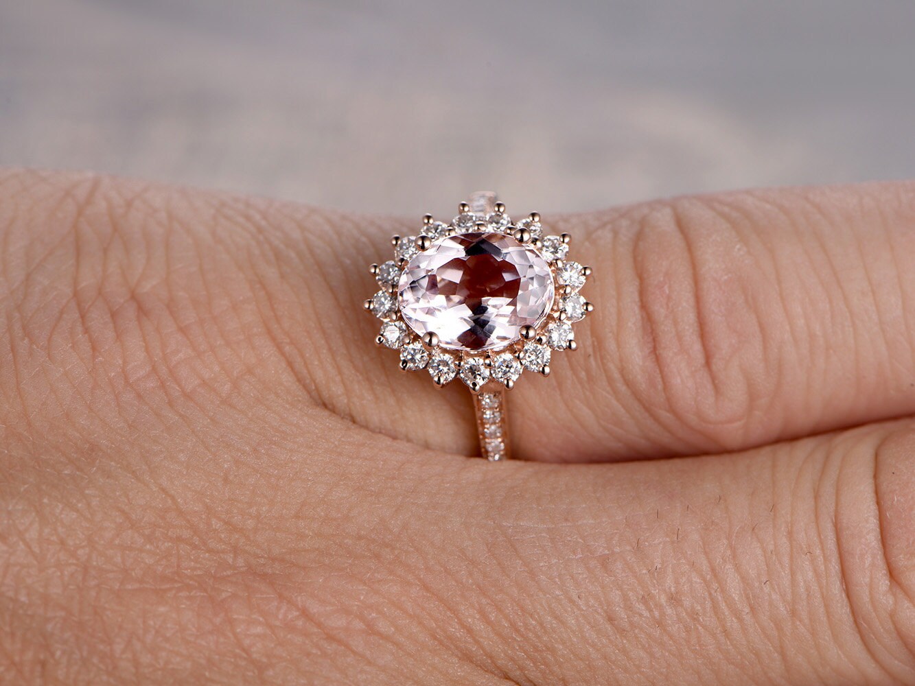 7x9mm-oval-cut-morganite-engagement-ring-14k-rose-gold-halo-diamond-band-floral-design