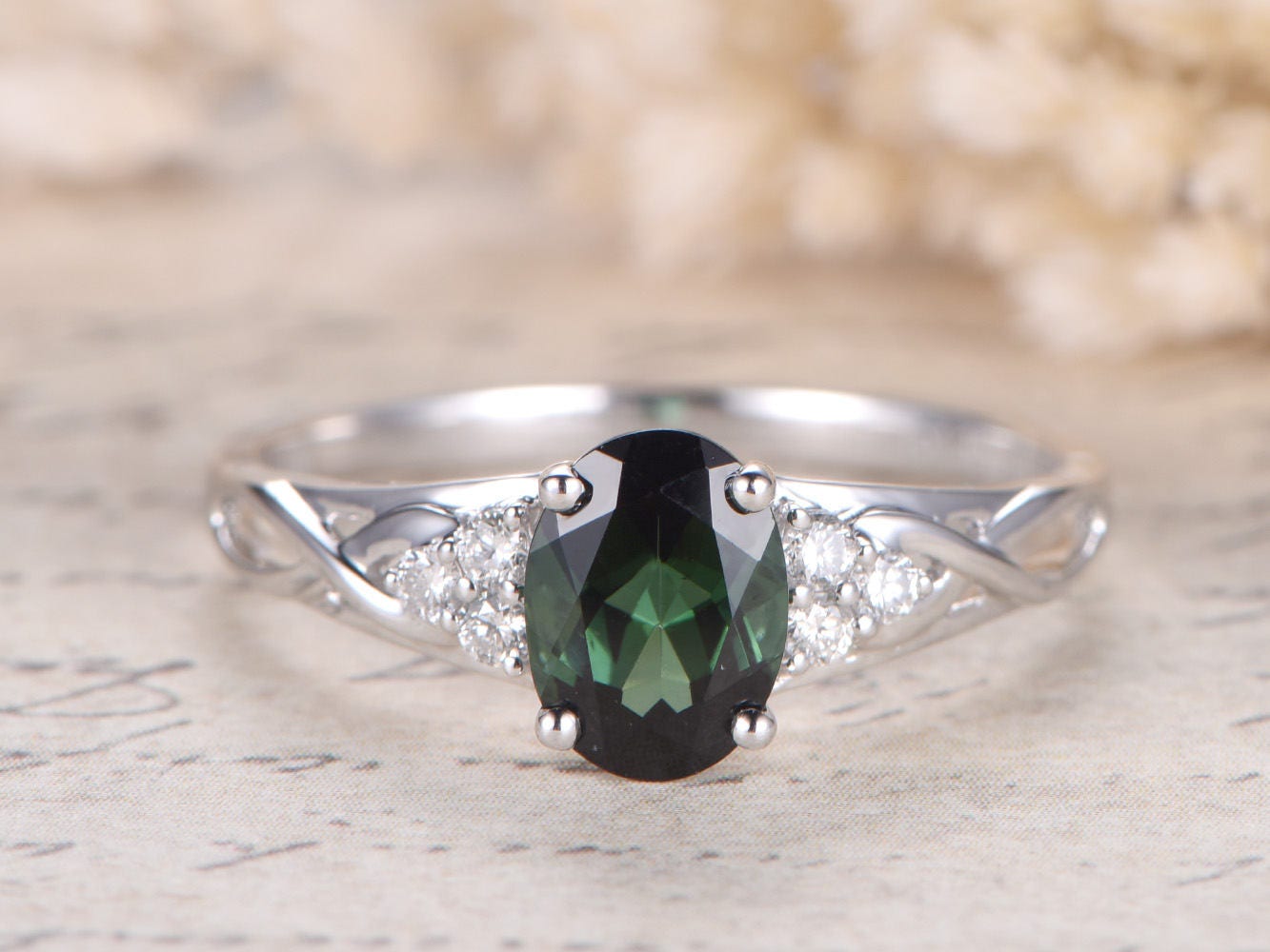6x8mm Oval Cut Green Tourmaline Engagement Ring 14K White Gold Diamond Side Stone Plain Band