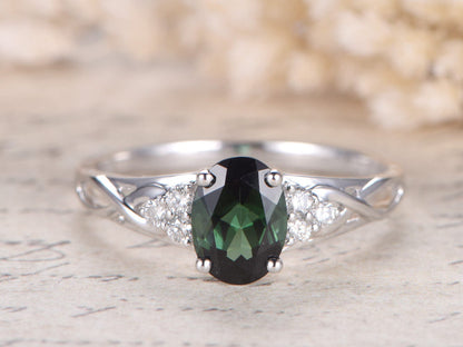6x8mm Oval Cut Green Tourmaline Engagement Ring 14K White Gold Diamond Side Stone Plain Band