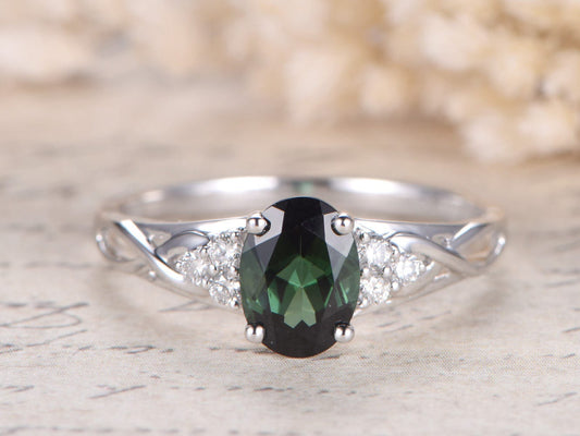 6x8mm Oval Cut Green Tourmaline Engagement Ring 14K White Gold Diamond Side Stone Plain Band