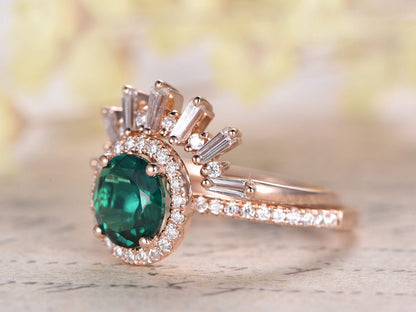 Bague de fiançailles en émeraude, bague en émeraude ronde de 7 mm, alliance VintageCrown en diamants, ensemble de 2 bagues en or rose 14 carats, bague d'anniversaire