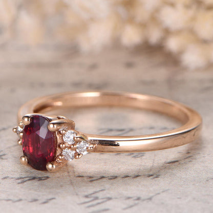 Bague de fiançailles en or rose 14 carats avec rubis rouge VS, anneau simple, bague de promesse en diamant, bague avec rubis ovale traité en laboratoire, alliance en diamant.