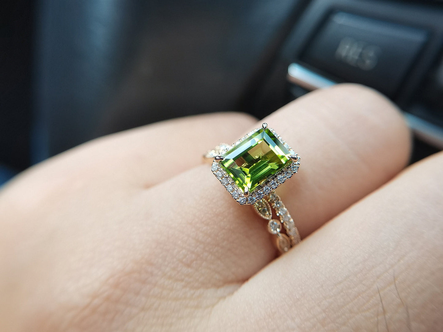 6x8mm-emerald-cut-peridot-engagement-ring-set-14k-rose-gold-art-deco-diamond-ring-august-birthstone