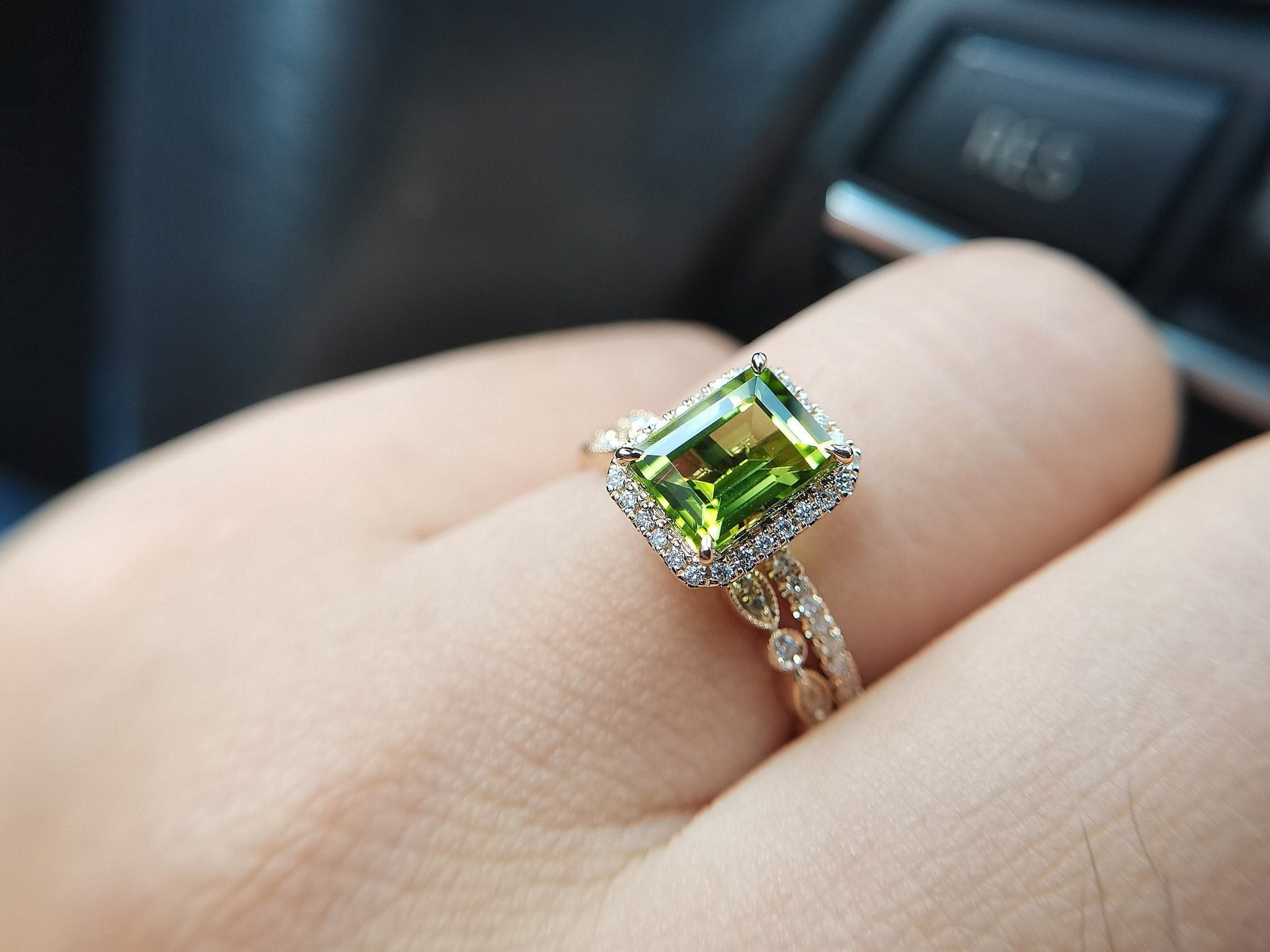 6x8mm-emerald-cut-peridot-engagement-ring-set-14k-rose-gold-art-deco-diamond-ring-august-birthstone
