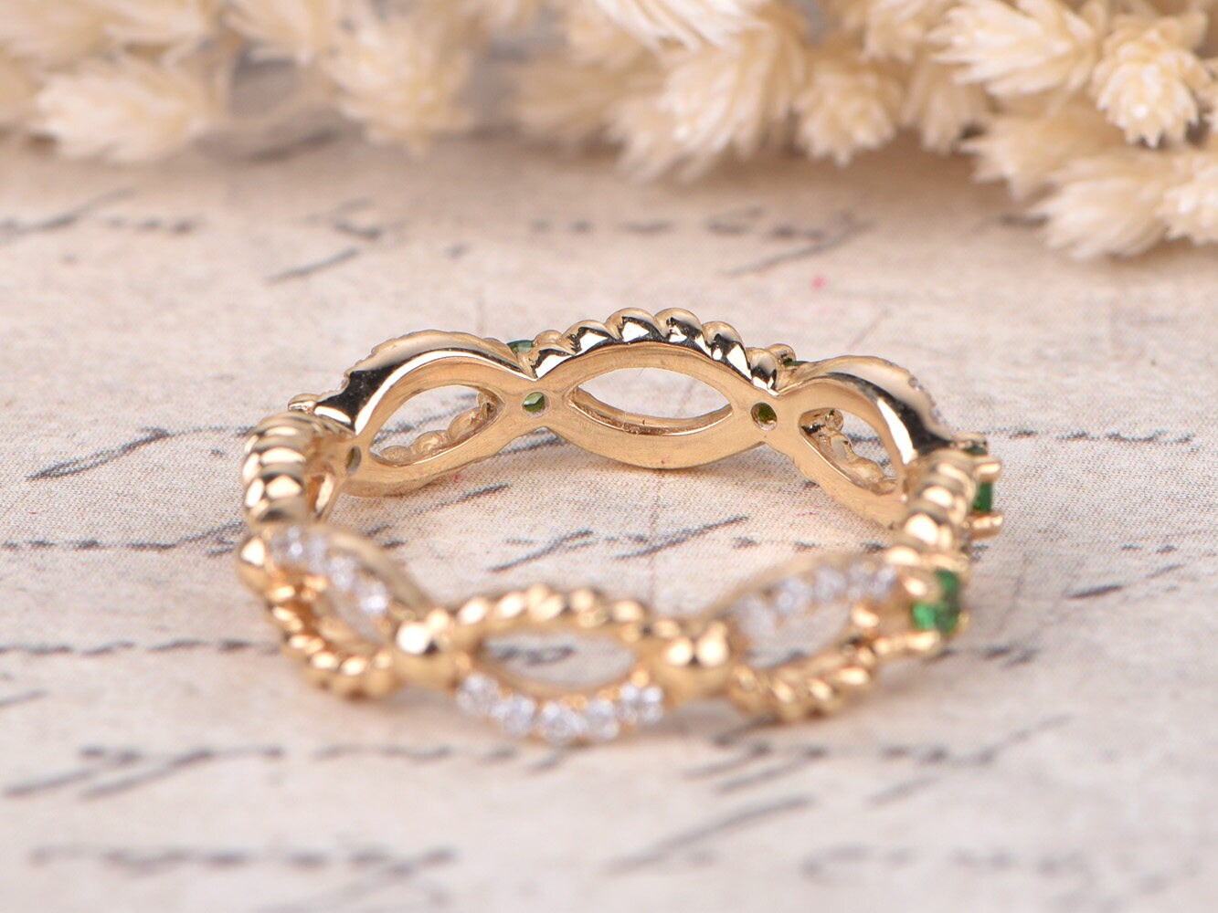 Alliance torsadée en diamant, bague d'éternité complète en or jaune 14 carats, bague empilable torsadée, bague Deco Tsavorite, alliances éternité torsadées