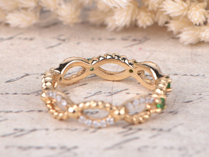 Alliance torsadée en diamant, bague d'éternité complète en or jaune 14 carats, bague empilable torsadée, bague Deco Tsavorite, alliances éternité torsadées