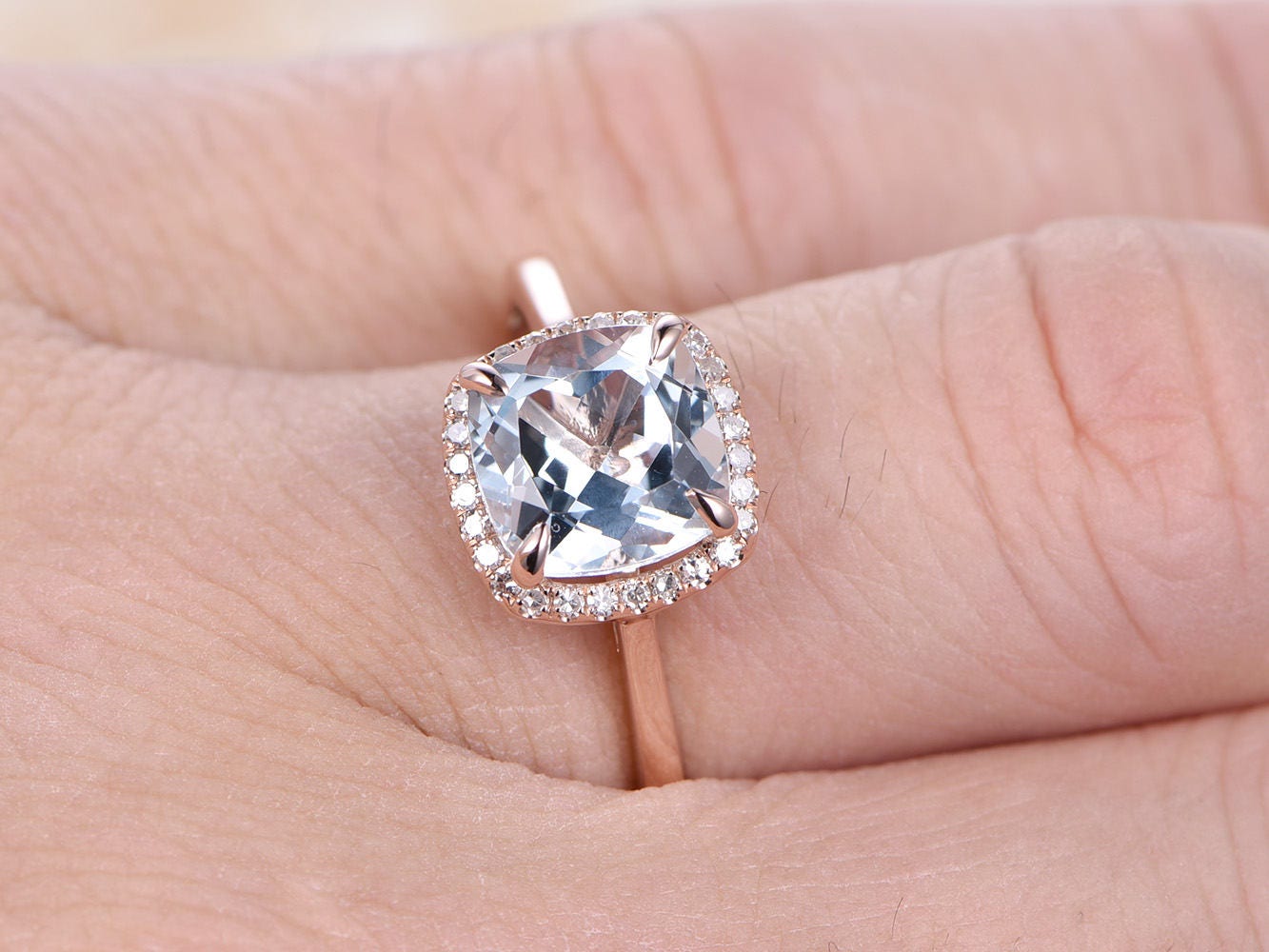 8mm-cushion-cut-aquamarine-engagement-ring-14k-rose-gold-diamond-halo-plain-band-design-march-birthstone