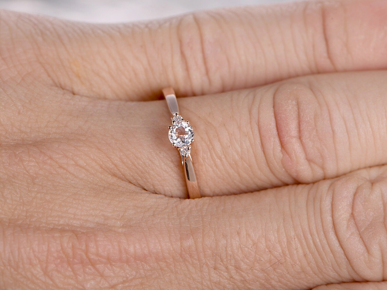 6.5mm Round Cut Morganite Engagement Ring 14K Rose Gold 3pcs Solitaire Plain Band
