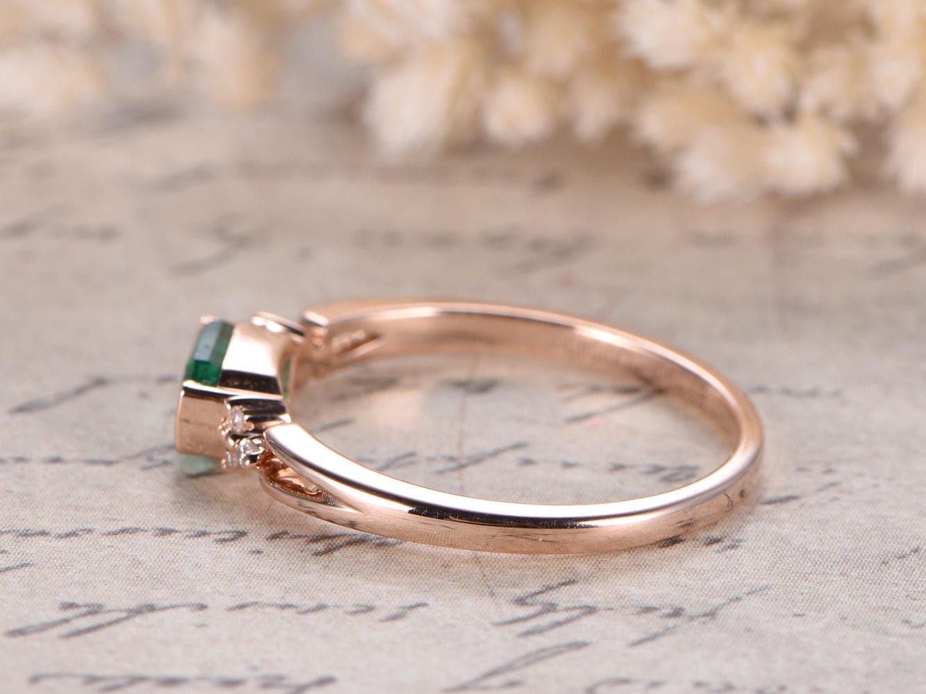 3.5mm-x-5.5mm-emerald-cut-natural-emerald-engagement-ring-14k-rose-gold-plain-band-diamond-accent