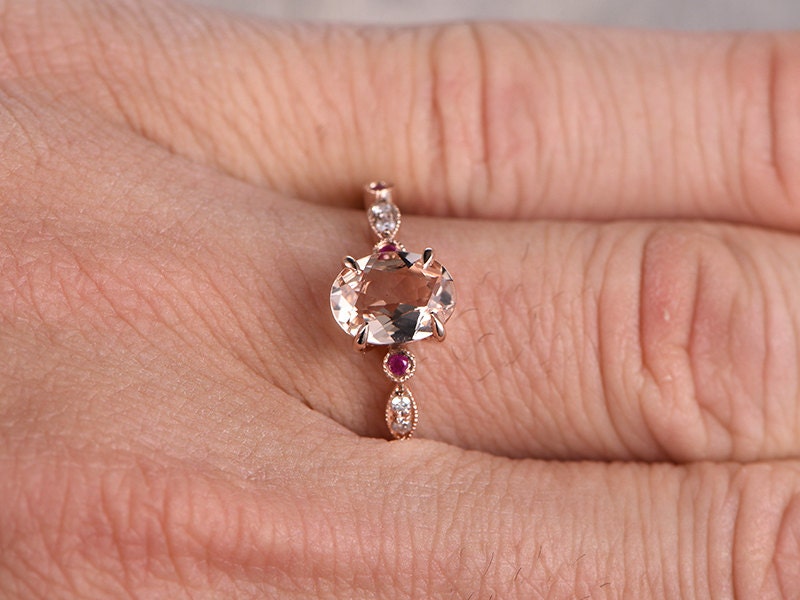 6x8mm Oval Cut Morganite Engagement Ring 14K Rose Gold Ruby & Diamond Side Stone Art Deco Design