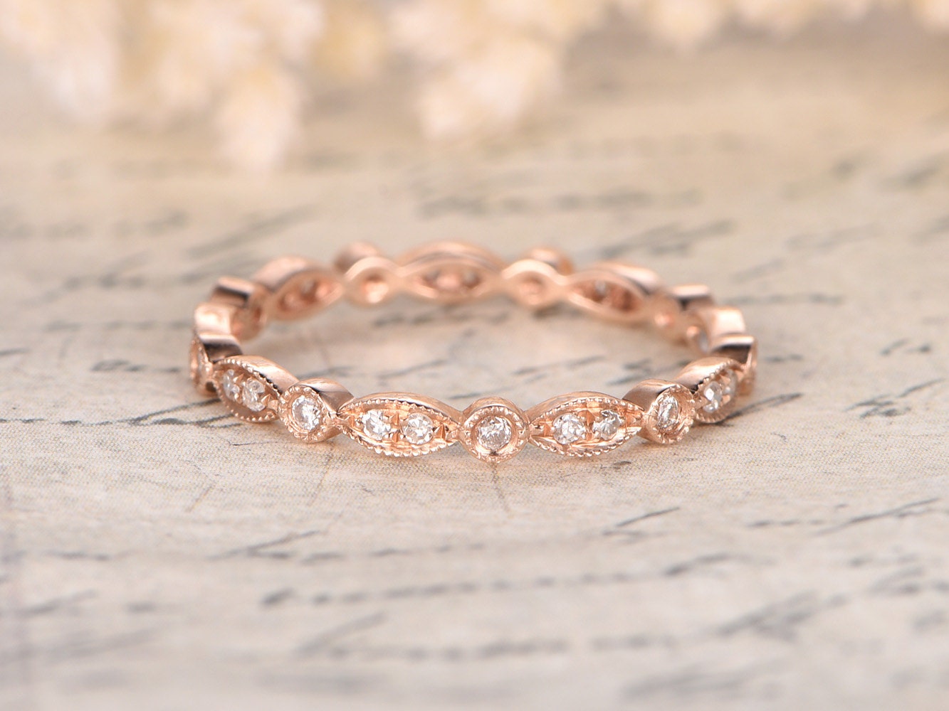 diamond-wedding-band-14k-rose-gold-full-eternity-band-milgrain-art-deco-marquise-dot-design