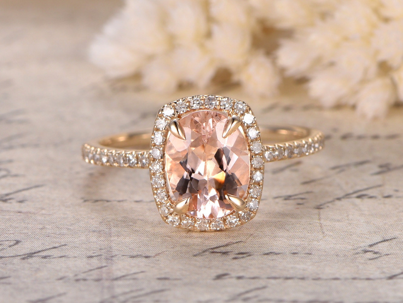 Bague de fiançailles en or jaune 14 carats avec morganite rose, bague de mariage avec diamants, pierre ovale 6x8mm, halo coussin, anneau pour femme